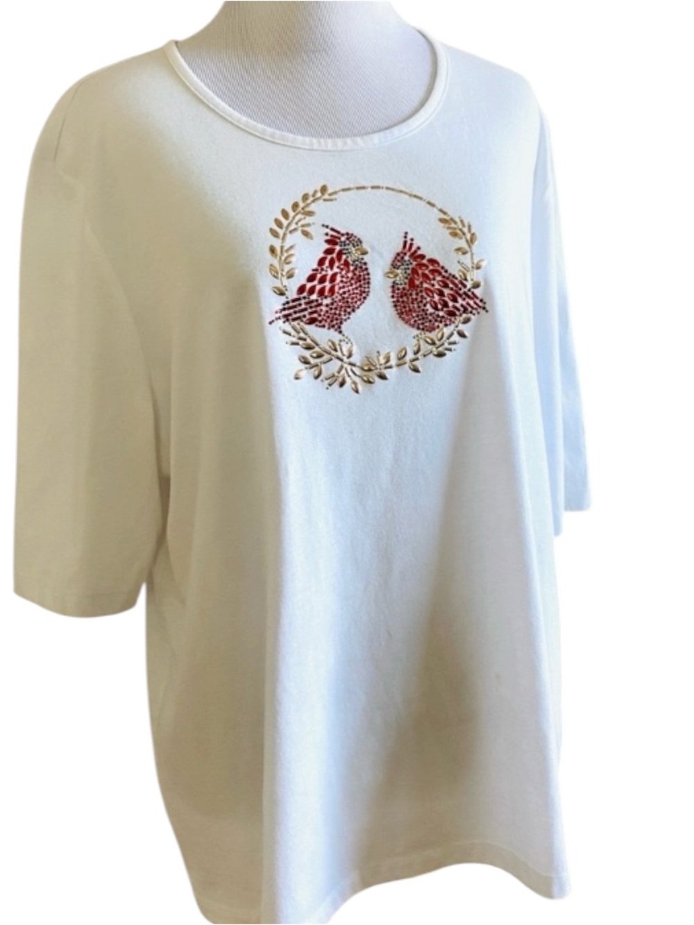Coral Bay White Top Cardinals PXL Tee Red Nature Embellished Blouse Summer